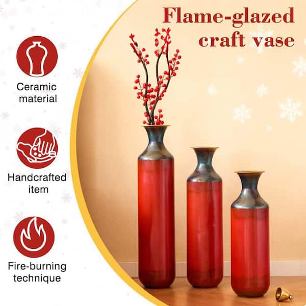 28.34 in. Red Metal Bottle Decorative Vase Set of 3,Rustic Floor