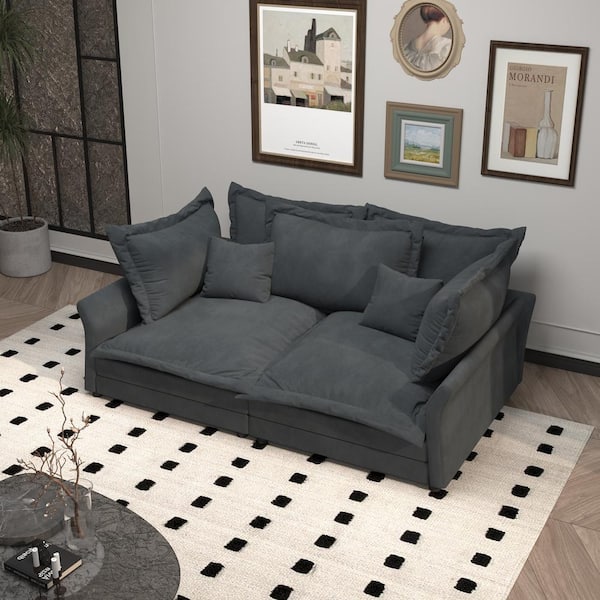 Harper & Bright Designs Convertible 90.55 in. 2-Piece Velvet Upholstered Sectional Sofa in. Gray with Multiple Large Soft Pillows