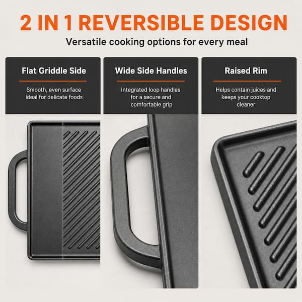 Wudkey Cast Iron Reversible Grill Griddle, Rectangular Double