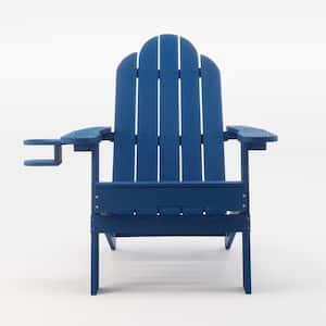 Miranda Folding Navy Blue Recycled Plastic HIPS Outdoor Patio Adirondack Chair with Cup Holder For Garden/Firepit/Pool