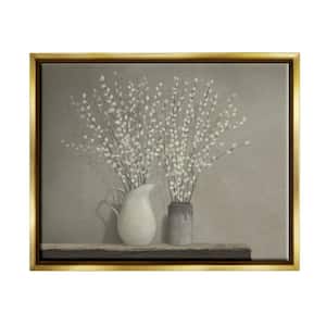Beautiful Willow Flower Neutral Grey Painting by Ziwei Li Floater Frame Nature Wall Art Print 21 in. x 17 in. .