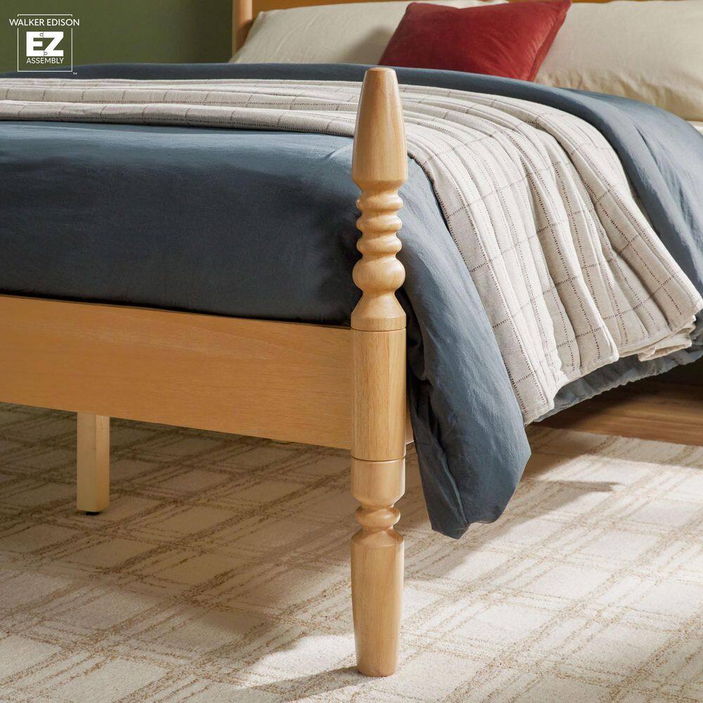 Natural Solid Wood Queen Spindle Bed Frame with Upholstered Headboard