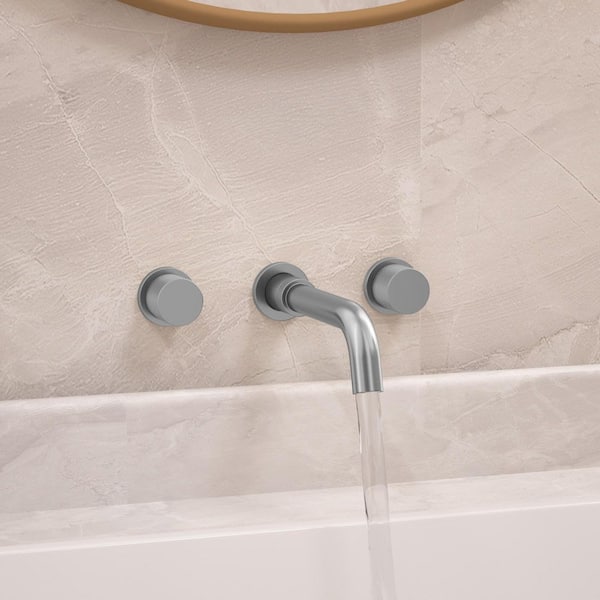 Wall Mount Bathroom Faucet with 2 Handles, Pop-Up Drain, 360° Swivel Spout in Brushed Nickel