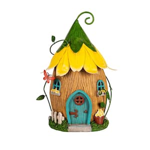 10 in. LED Metal Fairy House Garden Statue, Yellow Floral Roof
