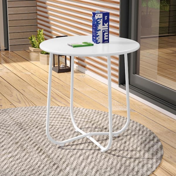 Patio White Round Metal Frame Outdoor Side Table with UV Protection