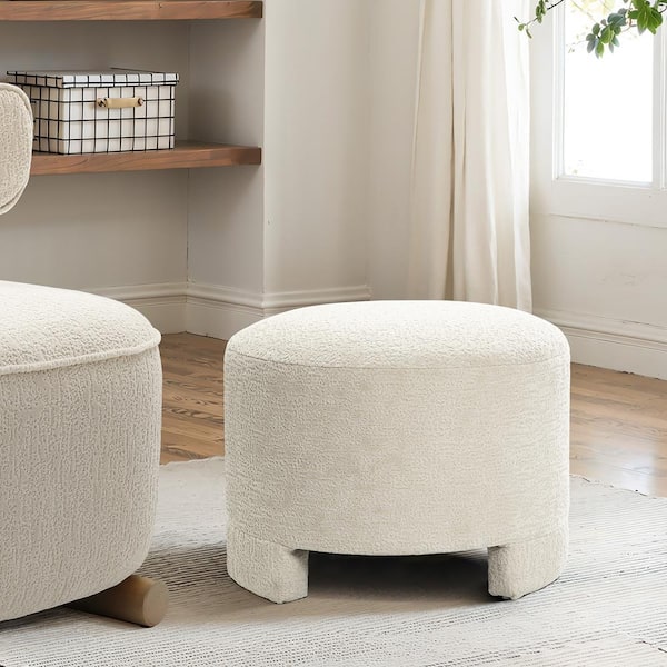 Cream and Brown Fabric Upholstered Modern Round Ottoman