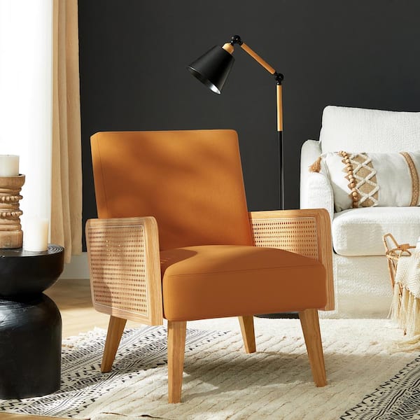 Delphine Modern Yellow Accent Chair with Rattan Armrest and Wood Legs for  Living Room and Bedroom