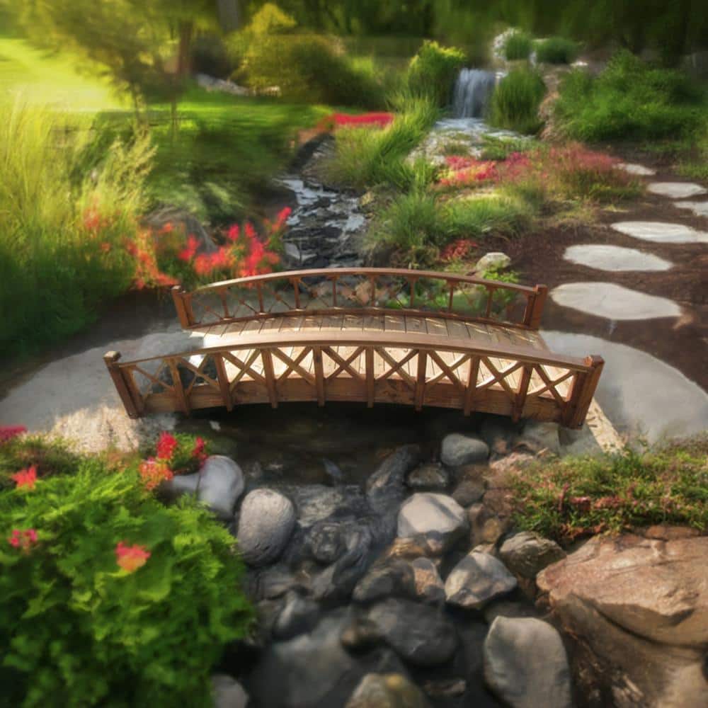 Gracefully Arched Wooden Garden Bridge with Lattice Railing