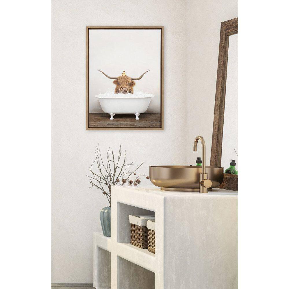 Highland Cow and Duckling in Rustic Bath Canvas Art