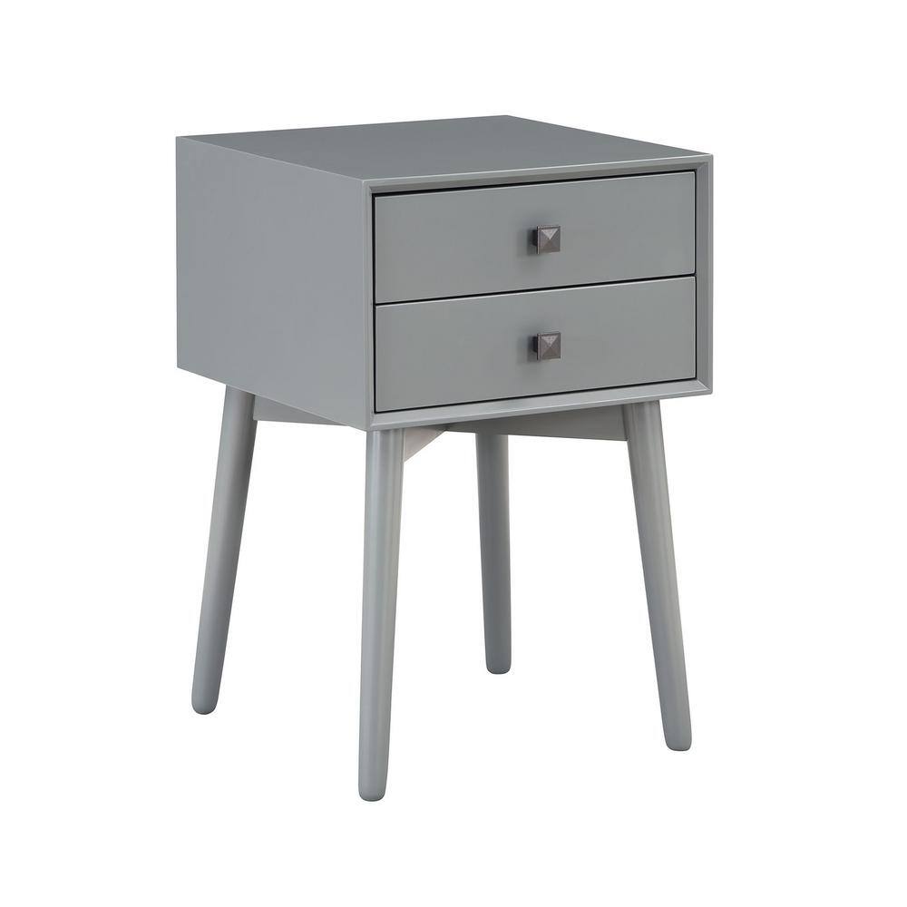 Gray Mid-Century Modern 2-Drawer Rubberwood Nightstand