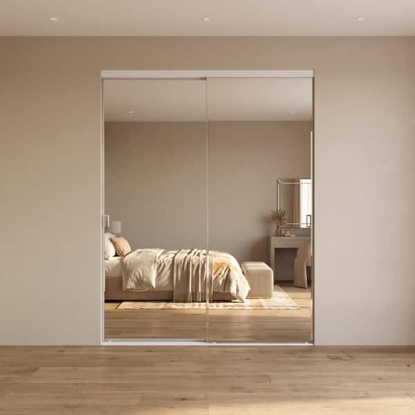 72 in. x 84 in. Beveled Edge Backed Mirror Aluminum Frame Interior Closet Sliding Door with White Trim