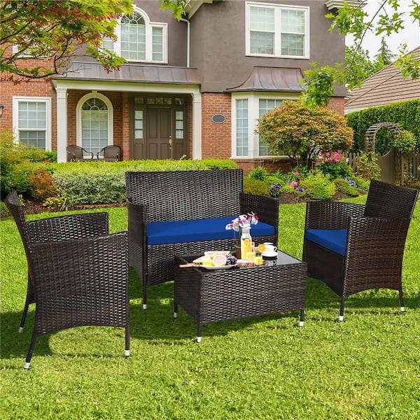 4-Piece Rattan Patio Furniture Set Cushioned Sofa Chair Coffee Table Navy