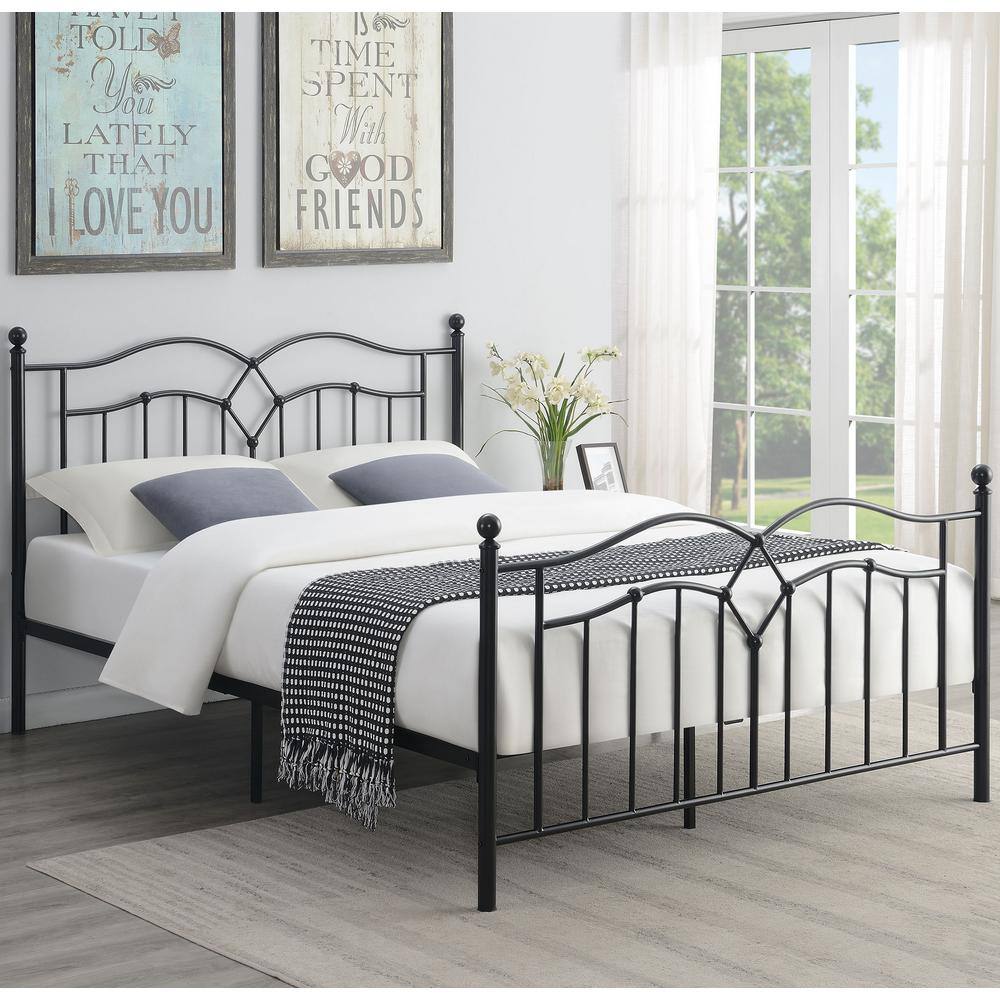 Black Metal Queen Platform Bed with Upholstered Headboard