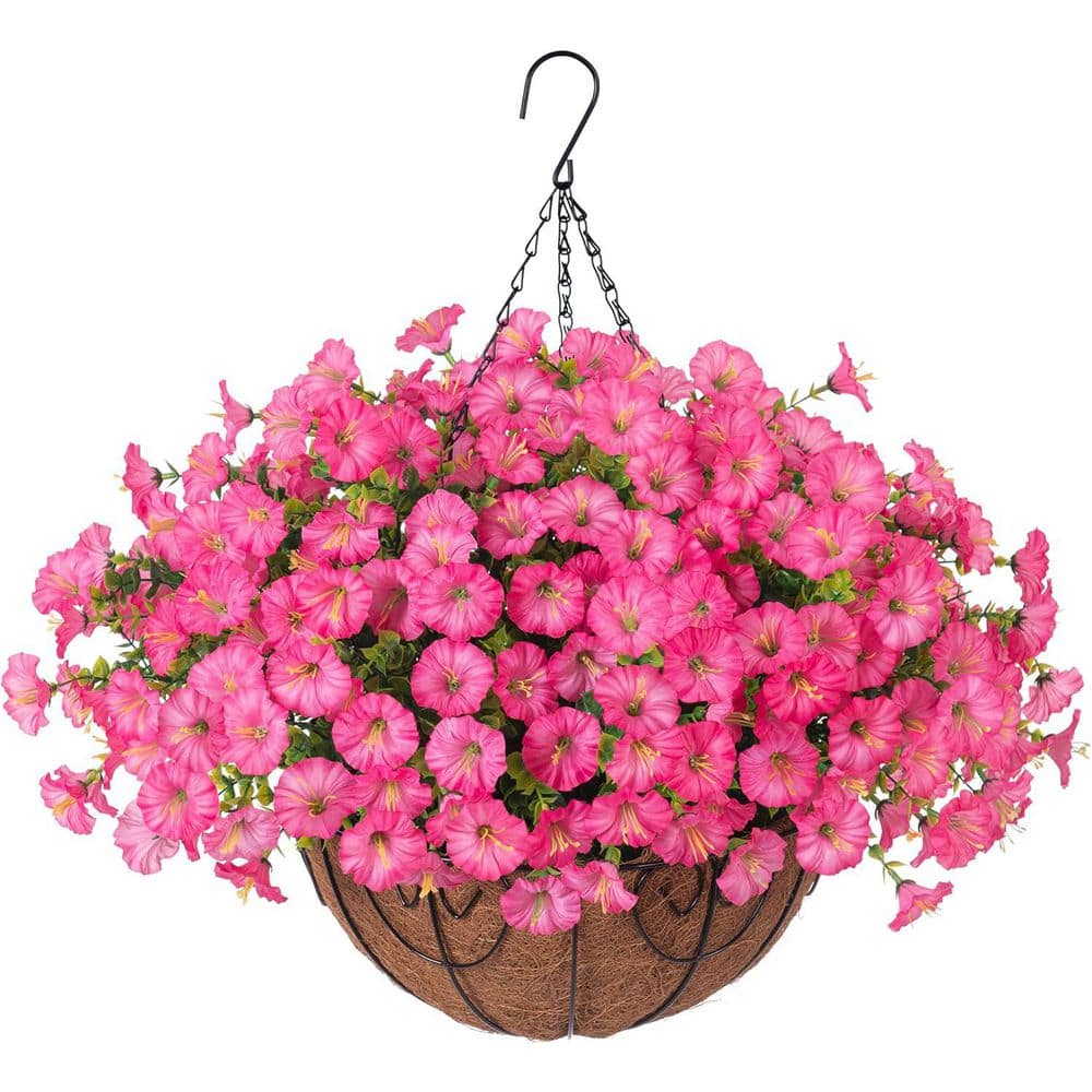 20.5 in. Pink Outdoor Artificial Hanging Flowers with Baskets UV ...