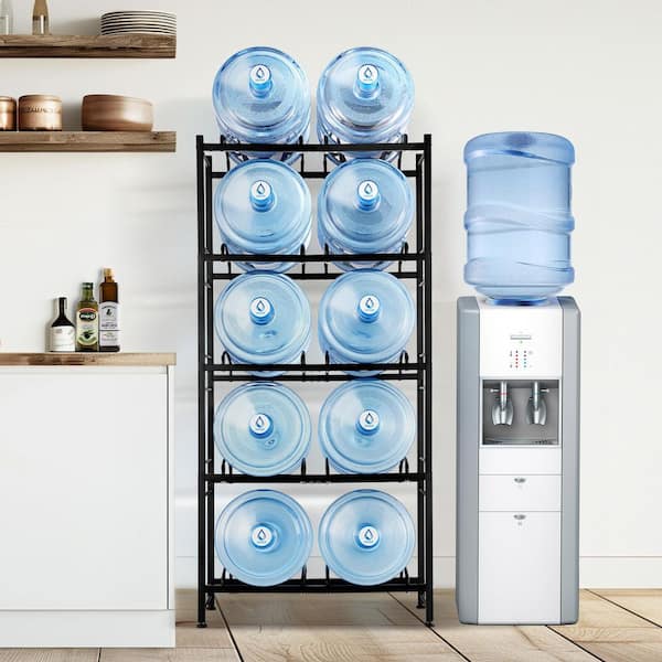 5 Gal. Water Bottle Holder, 5-Tiers Water Jug Holder, Heavy Duty Water Jug Rack, Double Row Water Bottle Rack Black