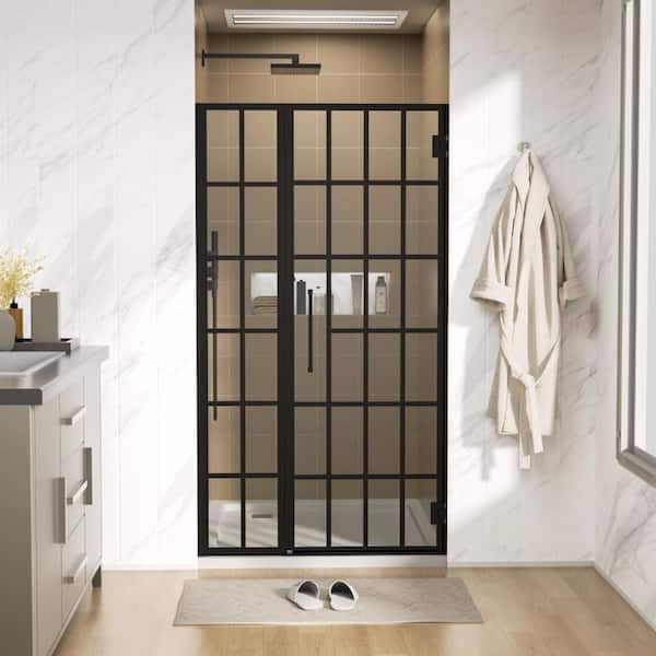 40 in. W x 72 in. H Pivot Semi Frameless Shower Door/Enclosure in Matte Black with Pattern Glass