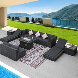 11-Piece Outdoor Patio Gray Wicker Sectional Sofa Sets with Fire Pit Table Chaise Lounge Gray Cushions without Ottamans