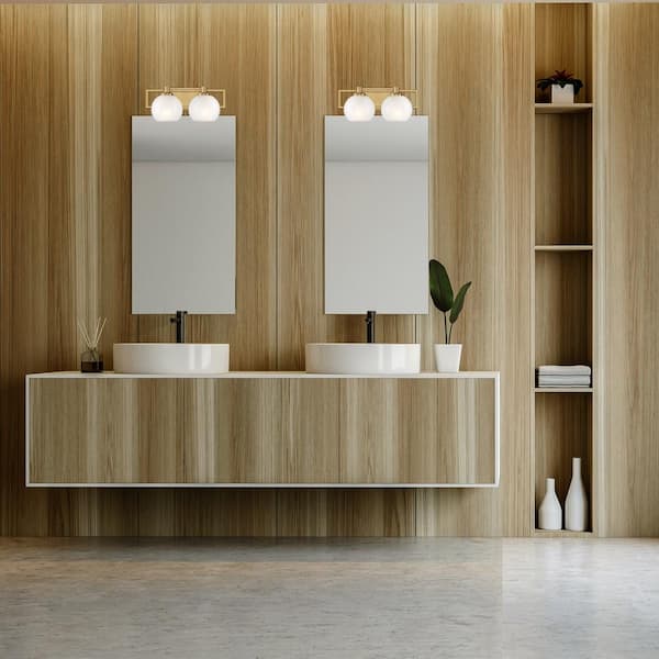 Cowen 16 in. 2-Light Brushed Gold Mid-century Vanity Light with Etched Glass Shades