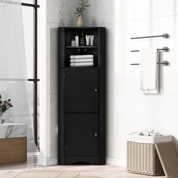 Tall Narrow Bathroom Storage Cabinet with Doors in Black