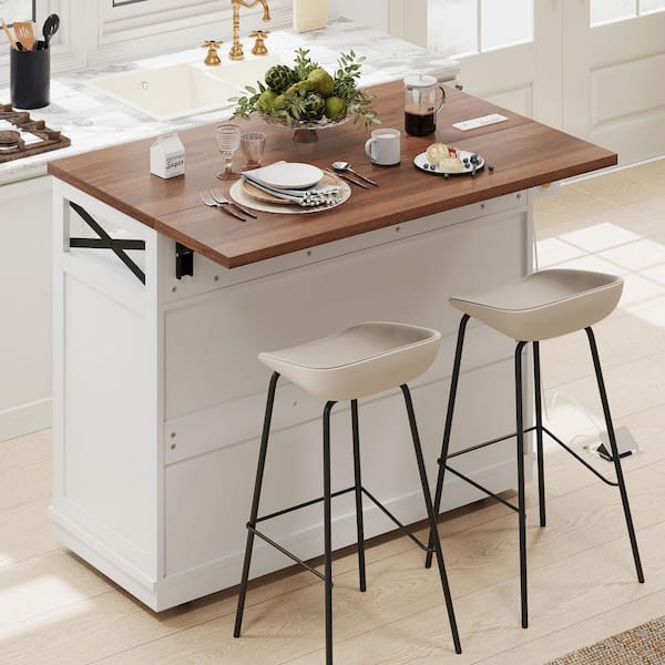 Ziyudura White Wood 46.5 in. Kitchen Island with Drop Leaf, Power