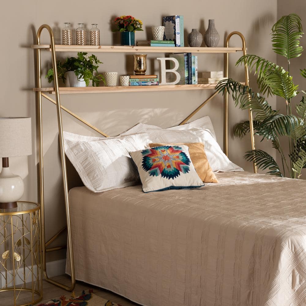 Merida Brushed Gold and Natural Brown Wood 2-Tier Queen Overbed Shelf