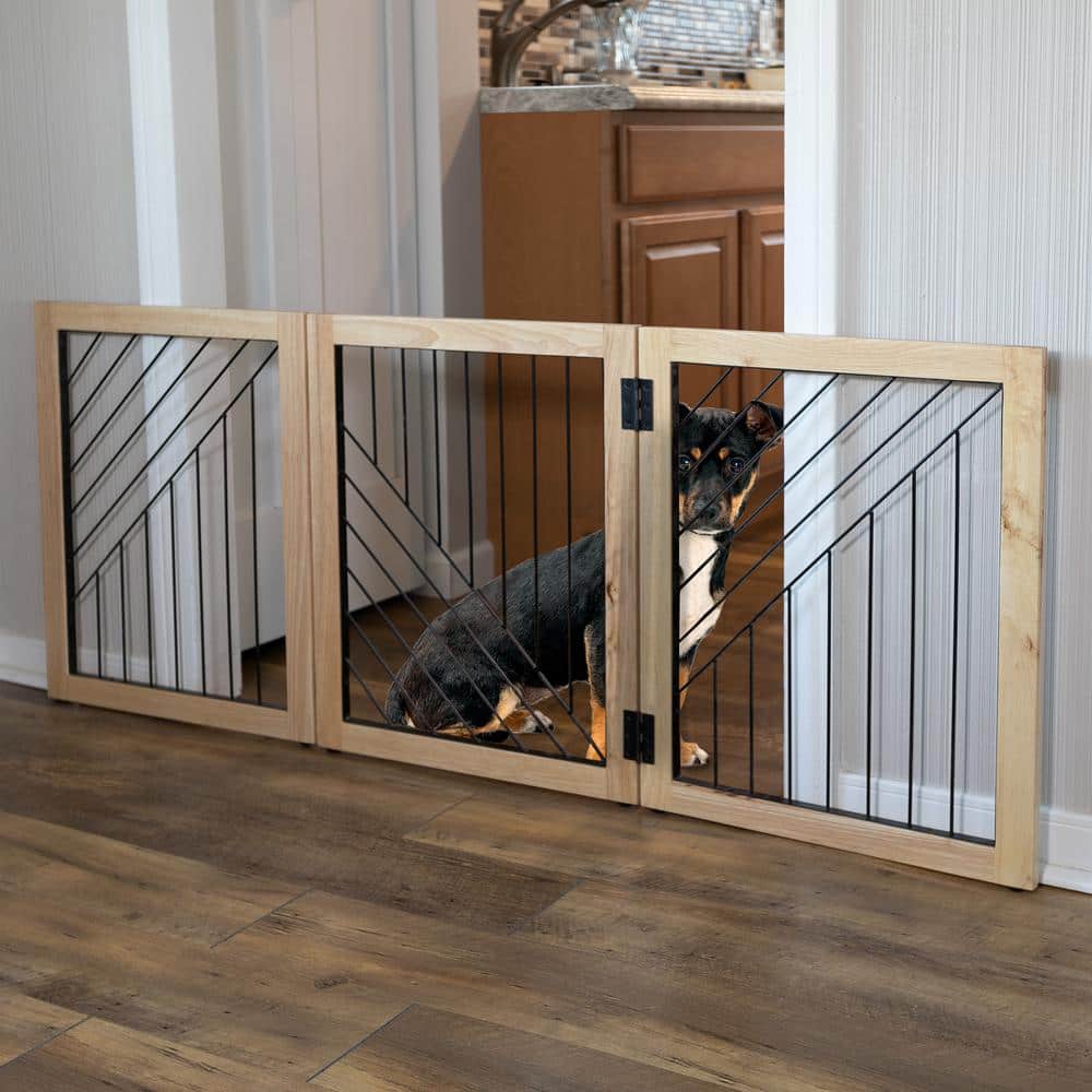 Natural Wood and Black Metal 3-Panel Freestanding Pet Gate