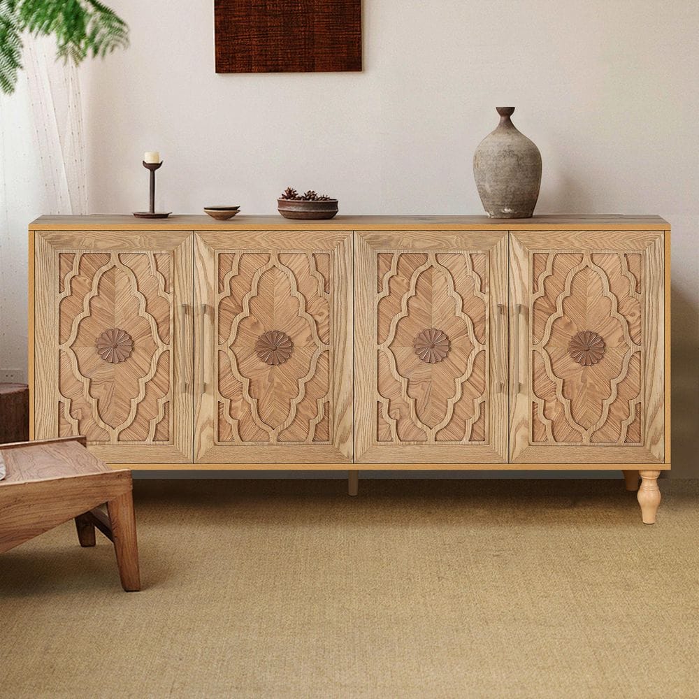 Natural Wood 32 in.H Storage Cabinet with Metal Handle For Living Room