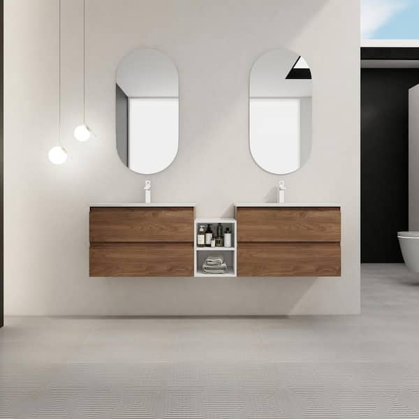UPIKER Bohemia 72 in. W X 18.3 in. D x 20.5 in. H Floating Bath Vanity in Brown Oak with White Ceramic Vanity Top