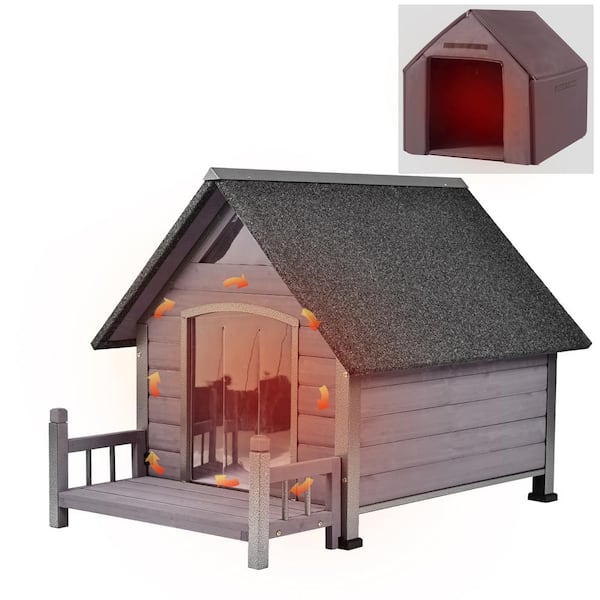 Insulated Large Dog House with Liner Inside Iron Frame, Gray