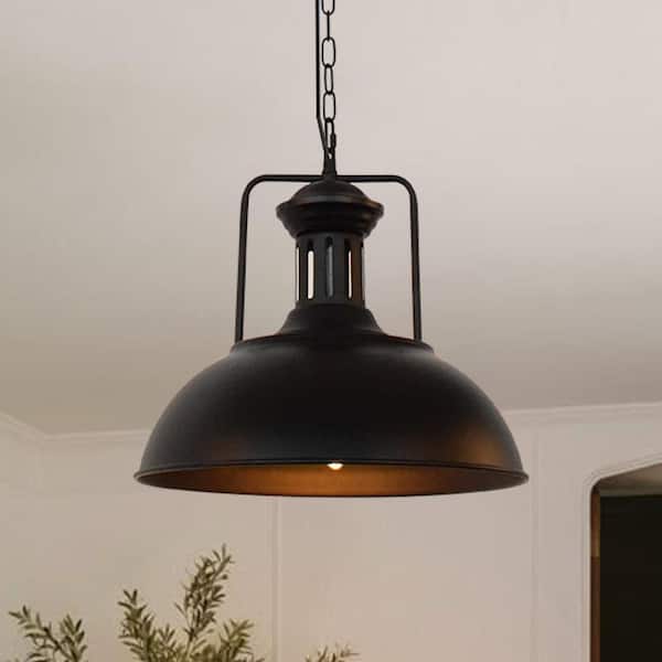 16 in. 1-Light Matte Black Farmhouse Rustic Vintage Pendant Light with Barn Dome Metal Shade