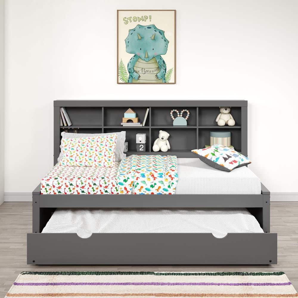 Twin Pinewood Daybed with Bookcase and Trundle in Dark Brown