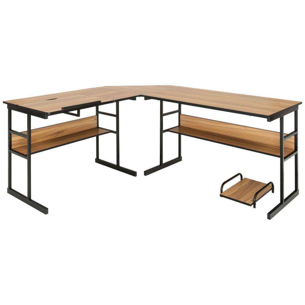 50.5 in. L-Shaped Walnut Wood Computer Desk Drafting Table Workstation w/Tiltable Tabletop