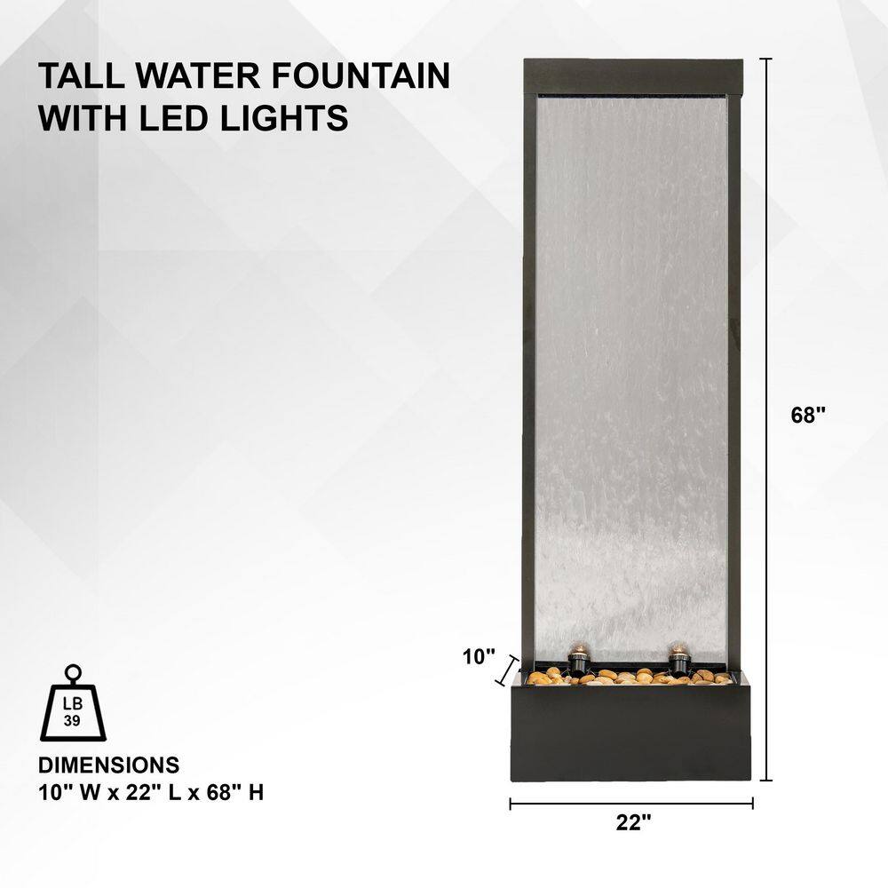 68" Black Aluminum and Clear Glass Freestanding Waterfall Fountain with LED Lights