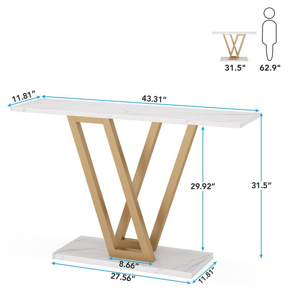 Gold and White Faux Marble Console Table with V-Legs