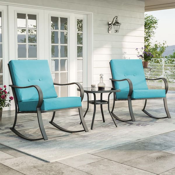 3-Piece Steel Frame Patio Bistro Set Rocking Chair with Lake Blue Cushions and Tempered Glass Table