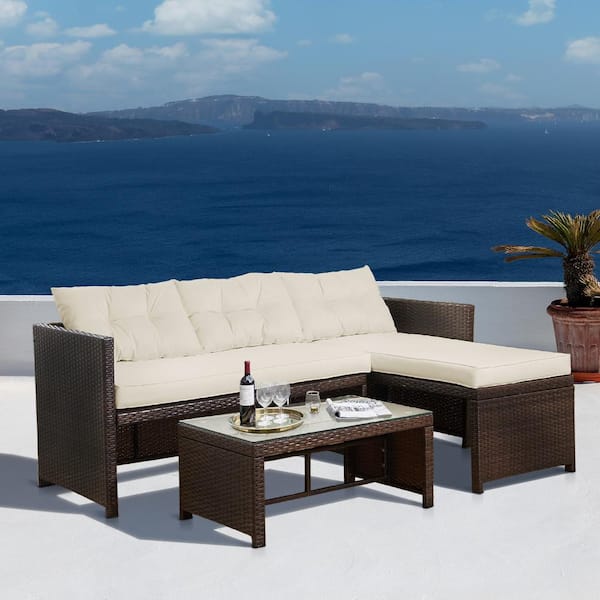 Peaktop 3 Pieces Wicker Sectional Conversation Set With Cushions Brown And White Pt Of0020 The Home Depot Peaktop 3 Pieces Wicker Sectional, Peaktop 3 Piece Wicker Patio Set With Cushions