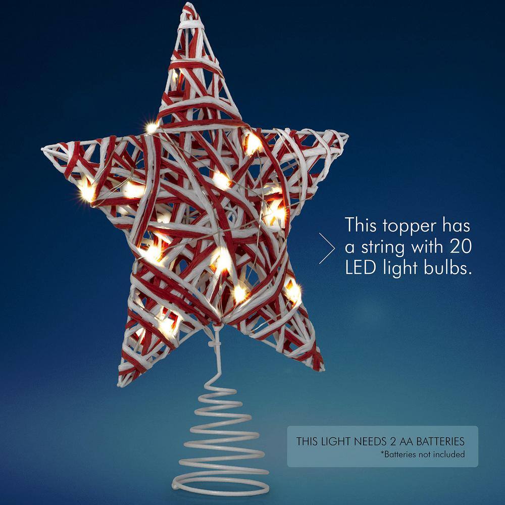 Red and White Rattan Star Tree Topper with LED Lights