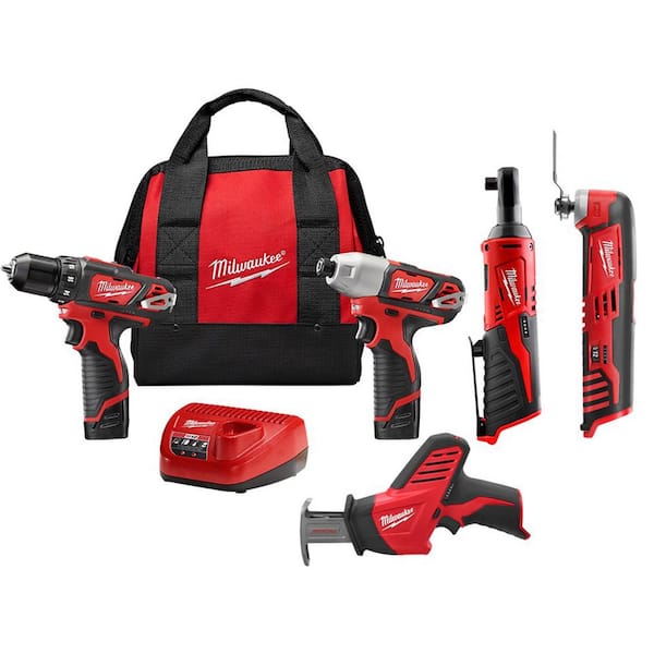 Milwaukee M12 12V Lithium-Ion Cordless Drill Driver/Impact Driver/Ratchet/Hackzall Recip Saw/Multi-Tool Combo Kit (5-Tool)
