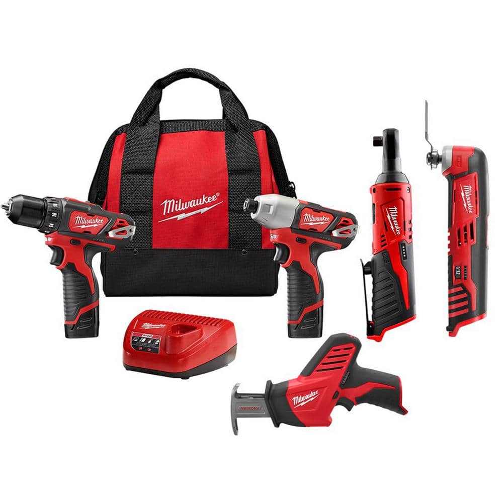 Milwaukee M12 12V Lithium-Ion Cordless Drill Driver/Impact Driver/Ratchet/HACKZALL Recip Saw/Multi-Tool Combo Kit (5-Tool)