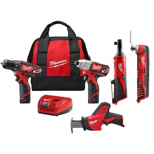 Milwaukee M12 12V Lithium-Ion Cordless Drill Driver/Impact Driver/Ratchet/Hackzall Recip Saw/Multi-Tool Combo Kit