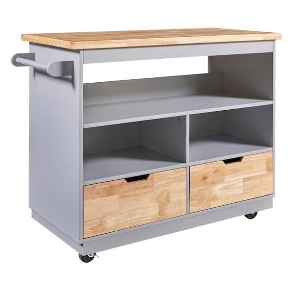 Grey Blue Rubber Wood 43.3 in. Kitchen Island Cart on Wheels with 2 Drawers, Spice Rack and 3 Open Compartments