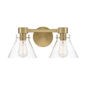 Willow Creek 16.5 in. 2-Light Brushed Gold Contemporary Vanity with Clear Blown Glass Shades