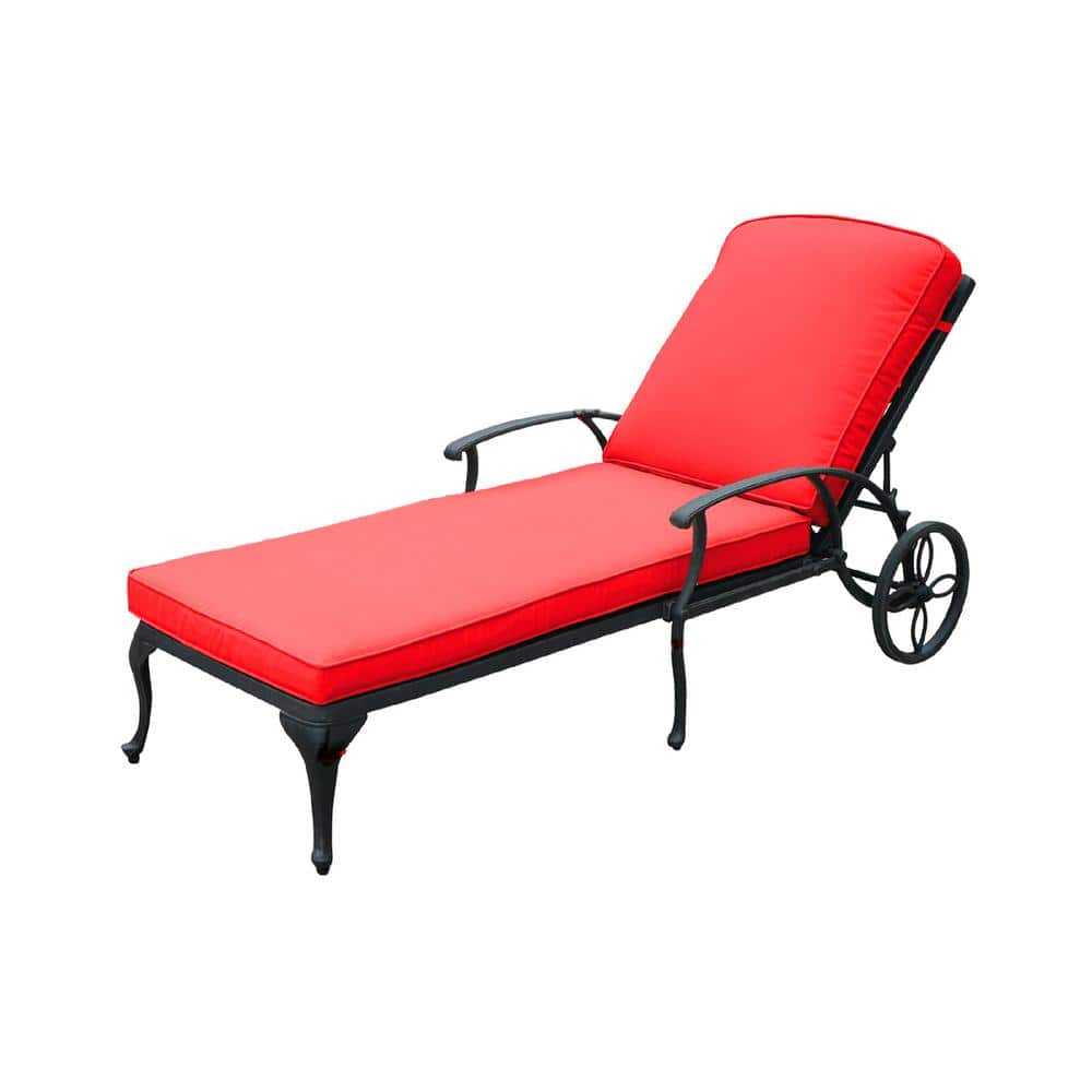 Black Aluminium Cast Outdoor Patio Lounge Chair with Red Cushion