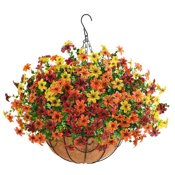 Unbranded 12 in. W Orange Yellow Artificial Hanging Flowers in Basket, Faux Daisy Hanging Plants for Fall Outdoor Decoration