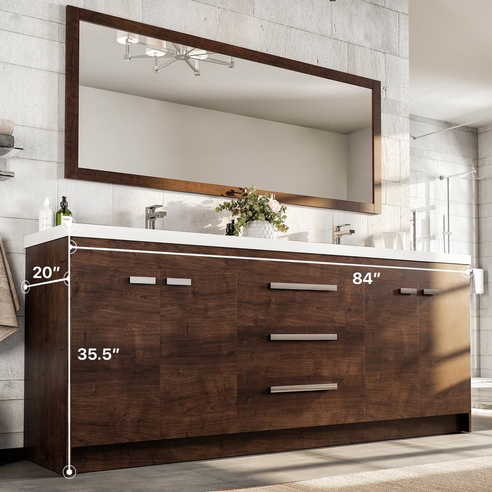 Lugano 84" Rosewood Modern Freestanding Double Vanity with Integrated White Acrylic Sinks