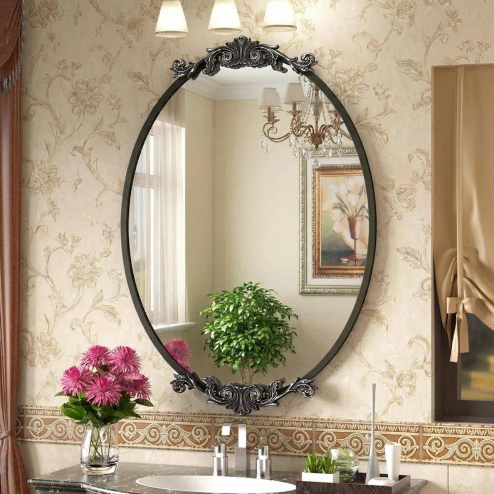 Oval Mirror, Antiqued Accent Wall Mirror with Distressed Frame