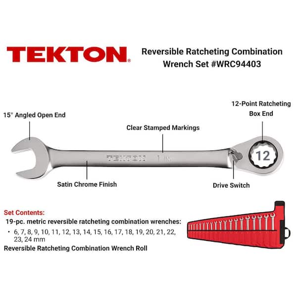 19-Piece (6-24 mm) Reversible 12-Point Ratcheting Combination Wrench Set with Pouch