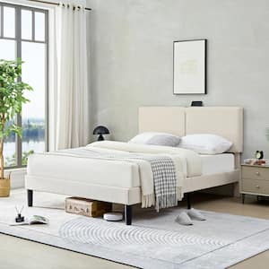 Bed Frame with Type-C and USB Ports, Upholstered Platform Height-Adjustable Cotton and Linen Headboard, Beige Full Bed