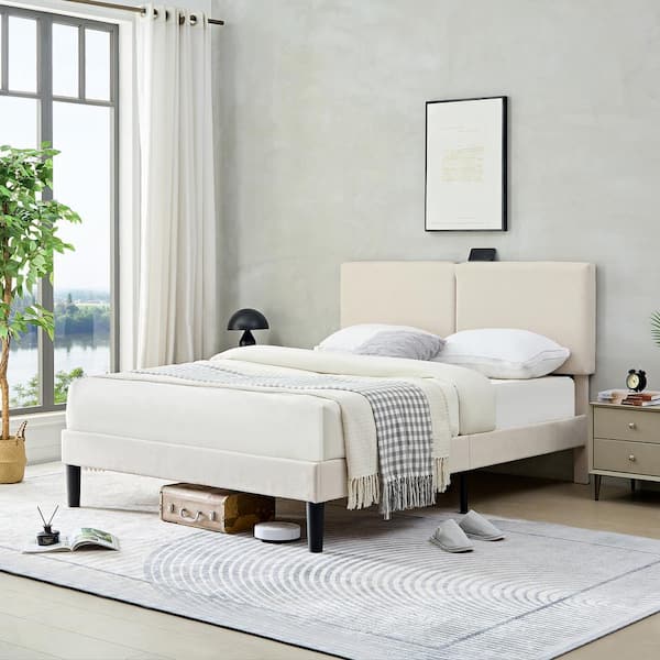 VECELO Bed Frame with Type-C and USB Ports, Upholstered Platform Height-Adjustable Cotton and Linen Headboard, Beige Full Bed