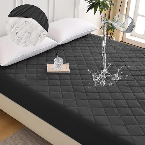 Black Polyester Protector Diamond Grid Ultrasonic Waterproof Quilted Fitted Sheet-Size F
